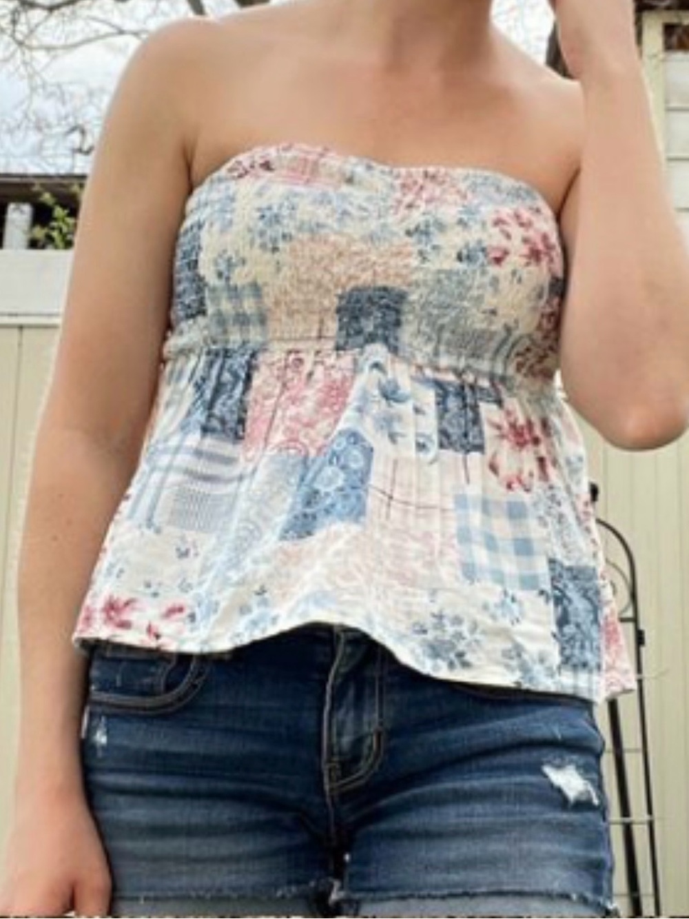 American Eagle Outfitters Patchwork Smocked Strapless babydoll top Sz-XXL. FF10